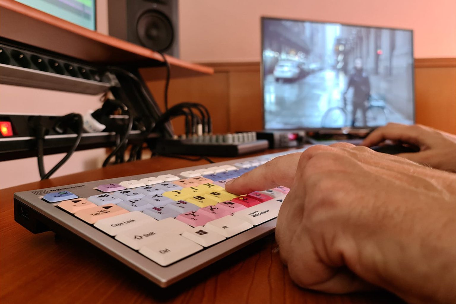Mano su tastiera AVID colorata in sala di montaggio, con monitor acceso per la post produzione video SNAP